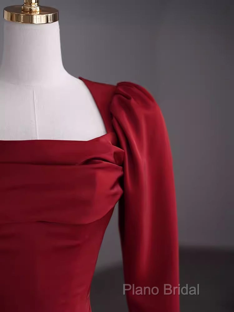 Simple Sheath Long Sleeves Red Formal Prom Dresses Formal Dresses
