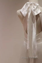Simple Sheath Satin White Long Wedding Dresses Backless Brides Dresses