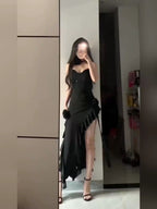 Simple Sheath Spaghetti Straps Black Satin Vacation Beach Dresses Long Birthday Dresses