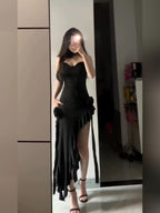 Simple Sheath Spaghetti Straps Black Satin Vacation Beach Dresses Long Birthday Dresses