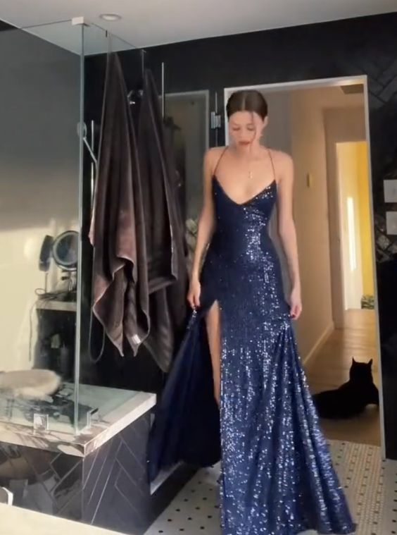 Simple Sheath Straps Long Navy Blue Slit Sequin Formal Prom Dresses
