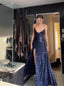 Simple Sheath Straps Long Navy Blue Slit Sequin Formal Prom Dresses