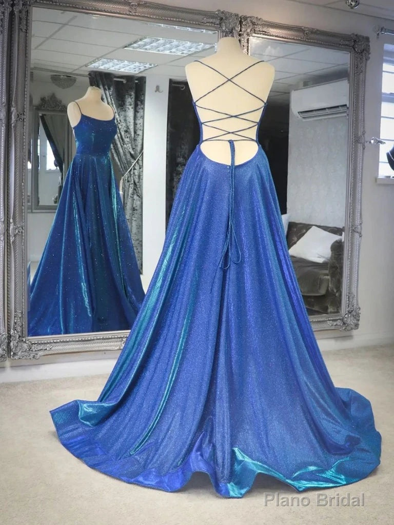 Simple Shiny Backless Blue Long Prom Dresses, A Line Blue Open Back Long Formal Evening Dresses Main image