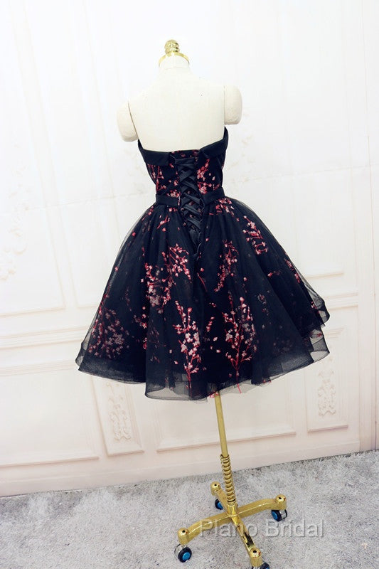 Simple Short Black Tulle Party Dresses With Floral, Lovely Short Formal Prom Dresses