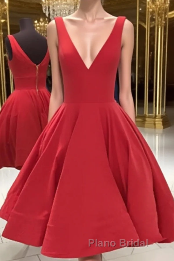 Simple Short V Neck Red Satin Formal Prom Dresses, Short Red Formal Homecoming Dresses