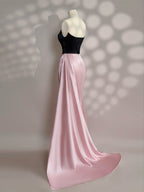 Simple Slit Pleated Mermaid Satin Sweep Train Pink Long Formal Prom Dresses