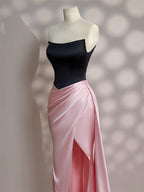 Simple Slit Pleated Mermaid Satin Sweep Train Pink Long Formal Prom Dresses