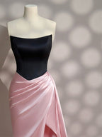 Simple Slit Pleated Mermaid Satin Sweep Train Pink Long Formal Prom Dresses