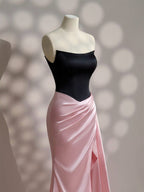 Simple Slit Pleated Mermaid Satin Sweep Train Pink Long Formal Prom Dresses
