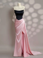 Simple Slit Pleated Mermaid Satin Sweep Train Pink Long Formal Prom Dresses