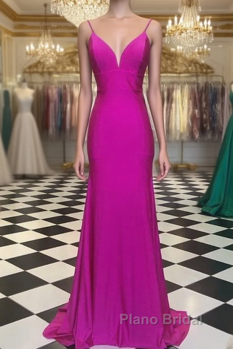 Simple Spagehtti Straps Fuchsia Satin Mermaid Formal Prom Dresses