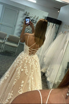 Simple Spaghetti Straps A-Line Lace Appliques Tulle Long Formal Prom Dresses