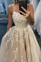 Simple Spaghetti Straps A-Line Lace Appliques Tulle Long Formal Prom Dresses