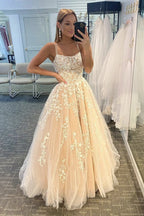 Simple Spaghetti Straps A-Line Lace Appliques Tulle Long Formal Prom Dresses