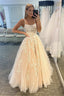 Simple Spaghetti Straps A-Line Lace Appliques Tulle Long Formal Prom Dresses
