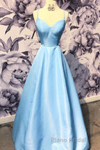 Simple sweetheart blue satin long Formal Prom dress, blue evening dress