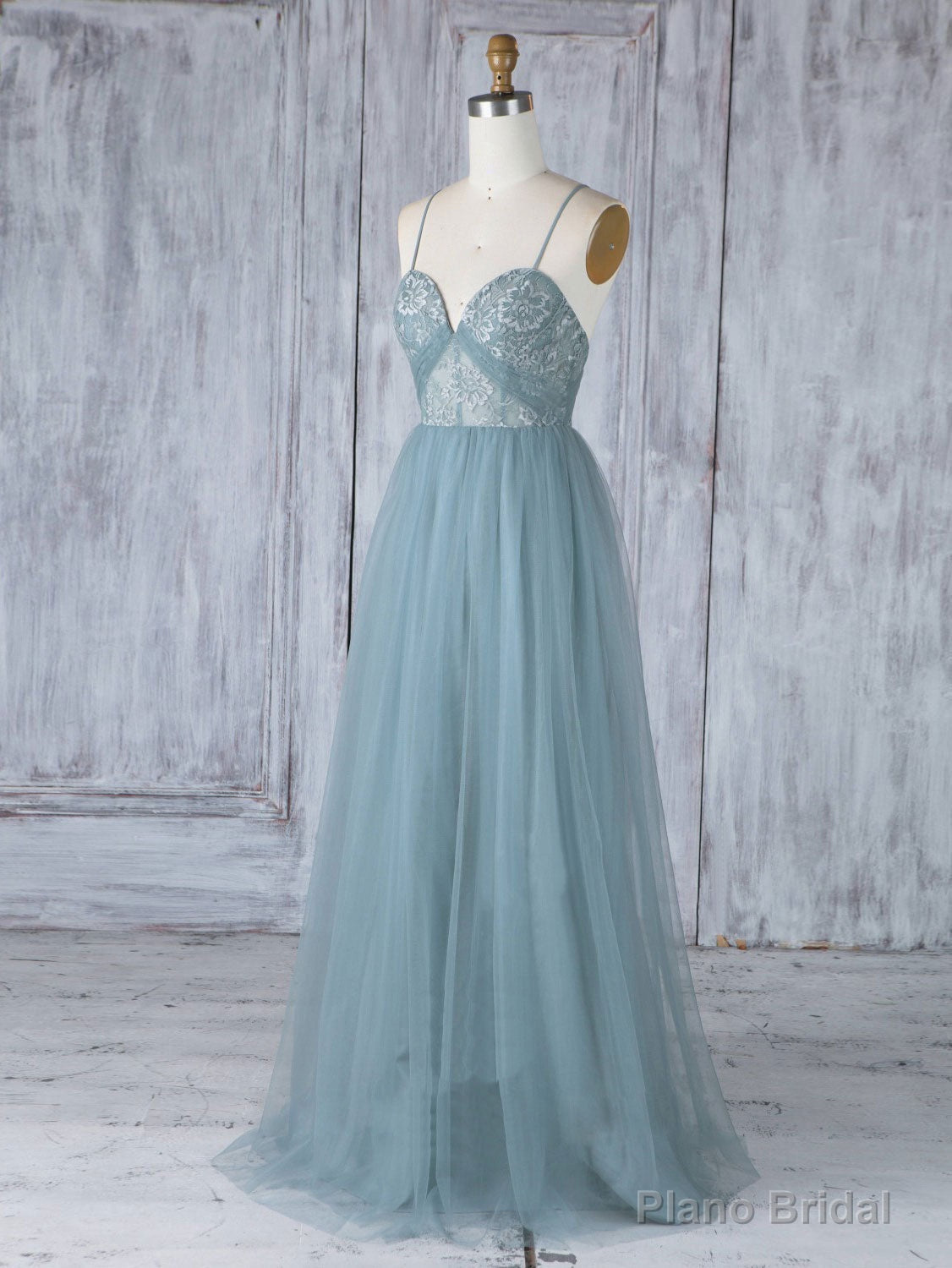 Simple Sweetheart Neck Tulle Lace Long Prom Dresses, Gray Blue Bridesmaid Dresses Main image