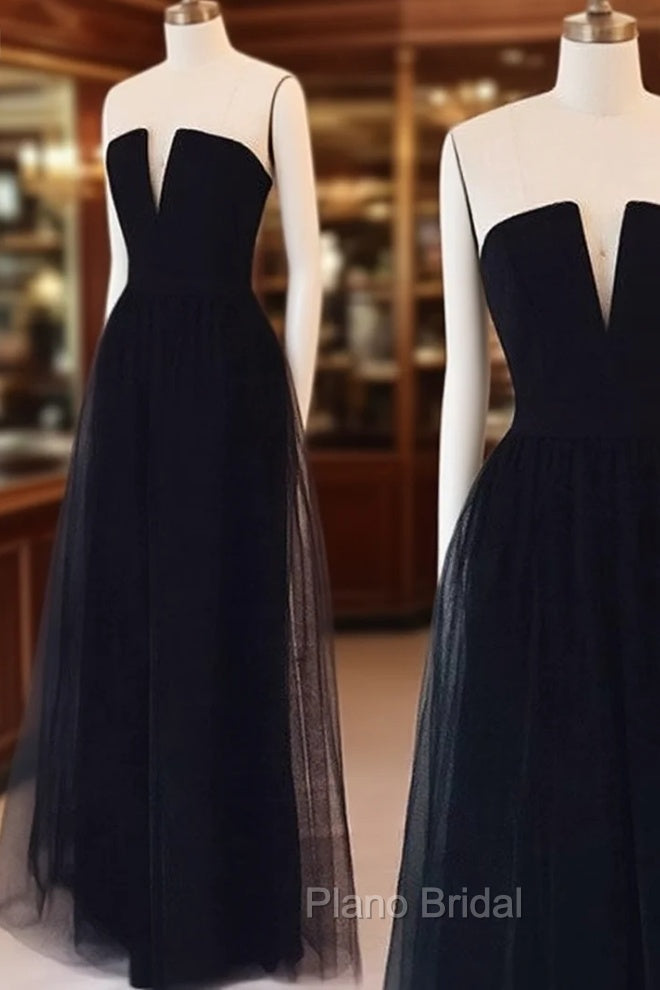 Simple Tulle Black Long Formal Prom Dresses, Black Formal Dresses Main image