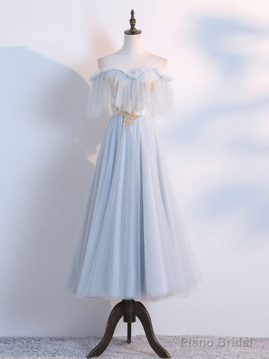 Simple Tulle Lace Gray Blue Prom Dresses, Tea Length Lace Bridesmaid Dresses Main image
