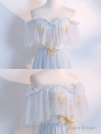 Simple Tulle Lace Gray Blue Prom Dresses, Tea Length Lace Bridesmaid Dresses