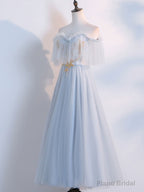 Simple Tulle Lace Gray Blue Prom Dresses, Tea Length Lace Bridesmaid Dresses