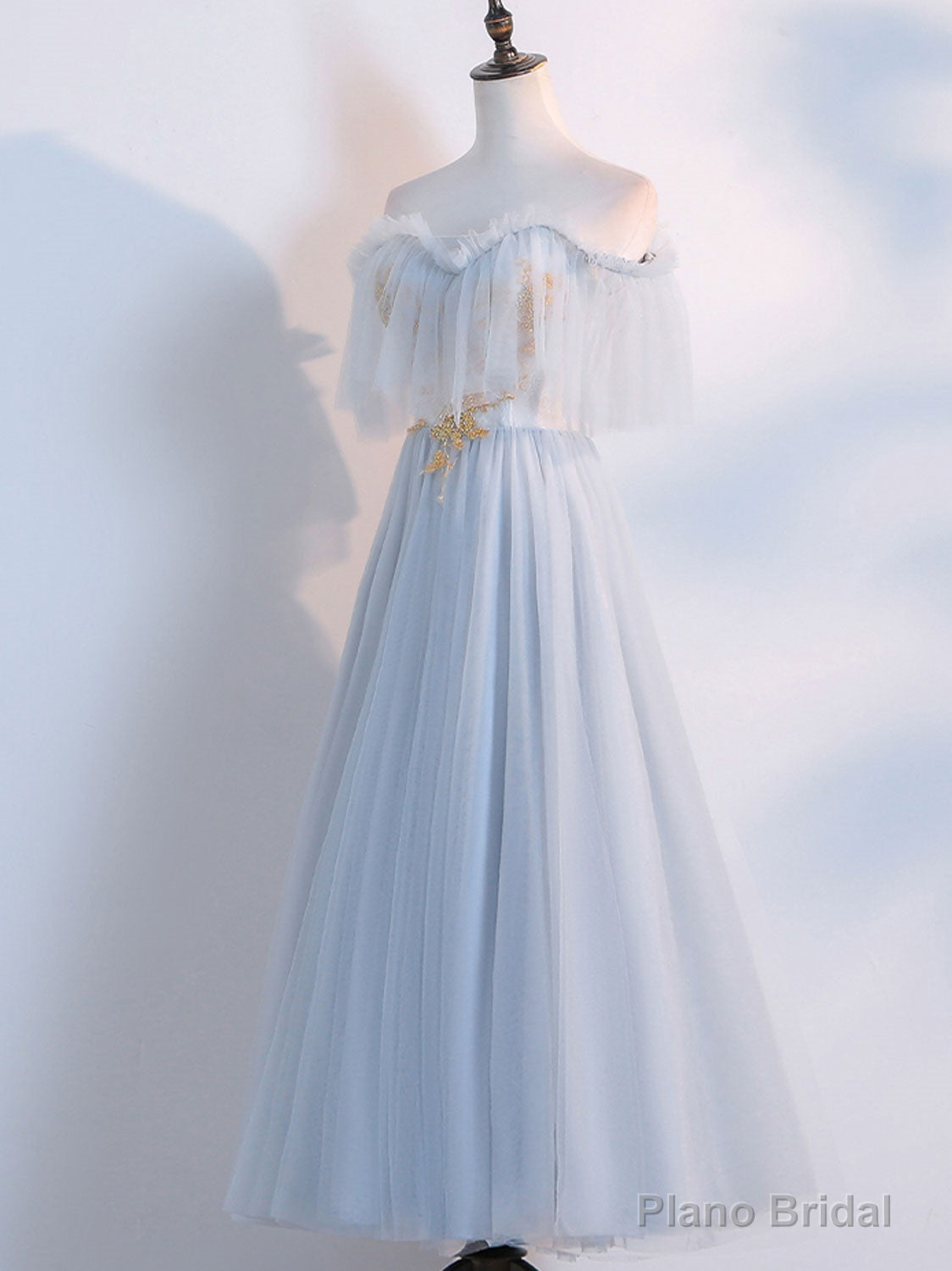 Simple Tulle Lace Gray Blue Prom Dresses, Tea Length Lace Bridesmaid Dresses