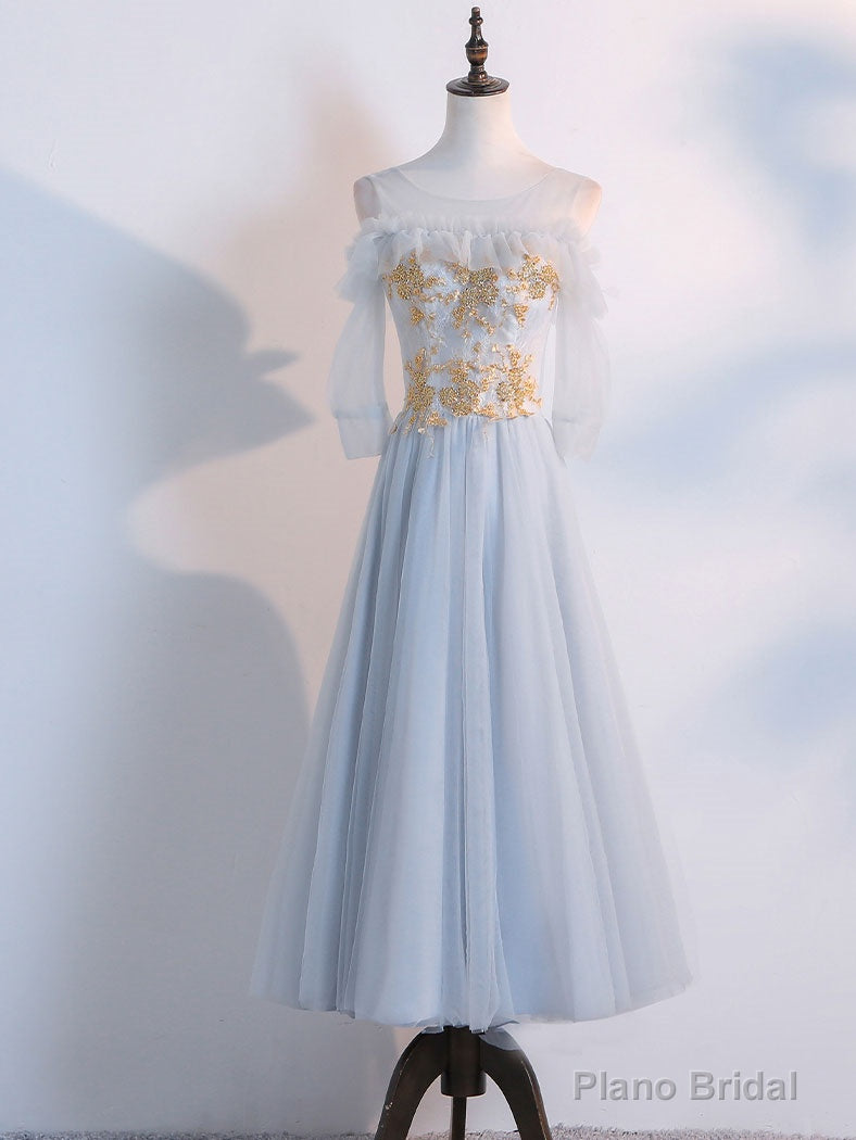 Simple Tulle Lace Gray Blue Prom Dresses, Tea Length Lace Bridesmaid Dresses