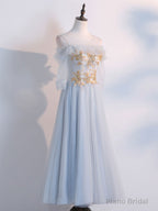 Simple Tulle Lace Gray Blue Prom Dresses, Tea Length Lace Bridesmaid Dresses