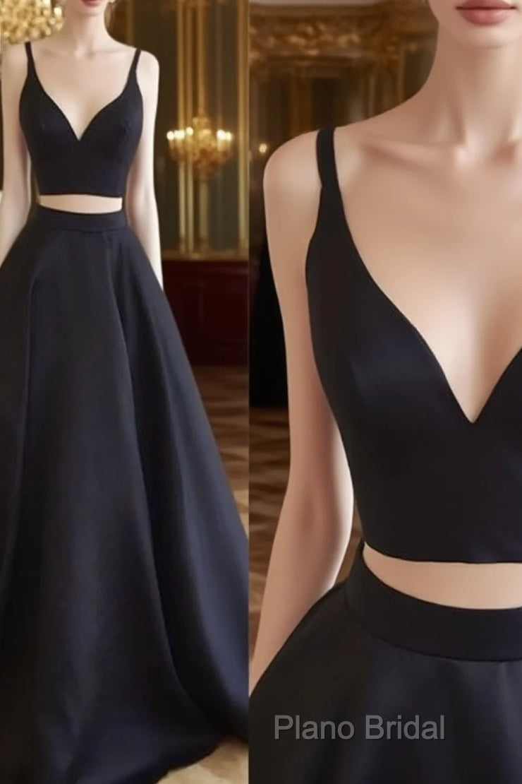 Simple Two Pieces Black Long Formal Prom Dresses, Black Formal Dresses Main image