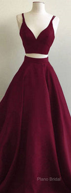 Simple Two Pieces Burgundy Long Formal Prom Dresses, Burgundy Formal Dresses