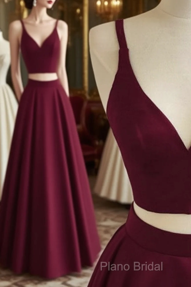 Simple Two Pieces Burgundy Long Formal Prom Dresses, Burgundy Formal Dresses Main image