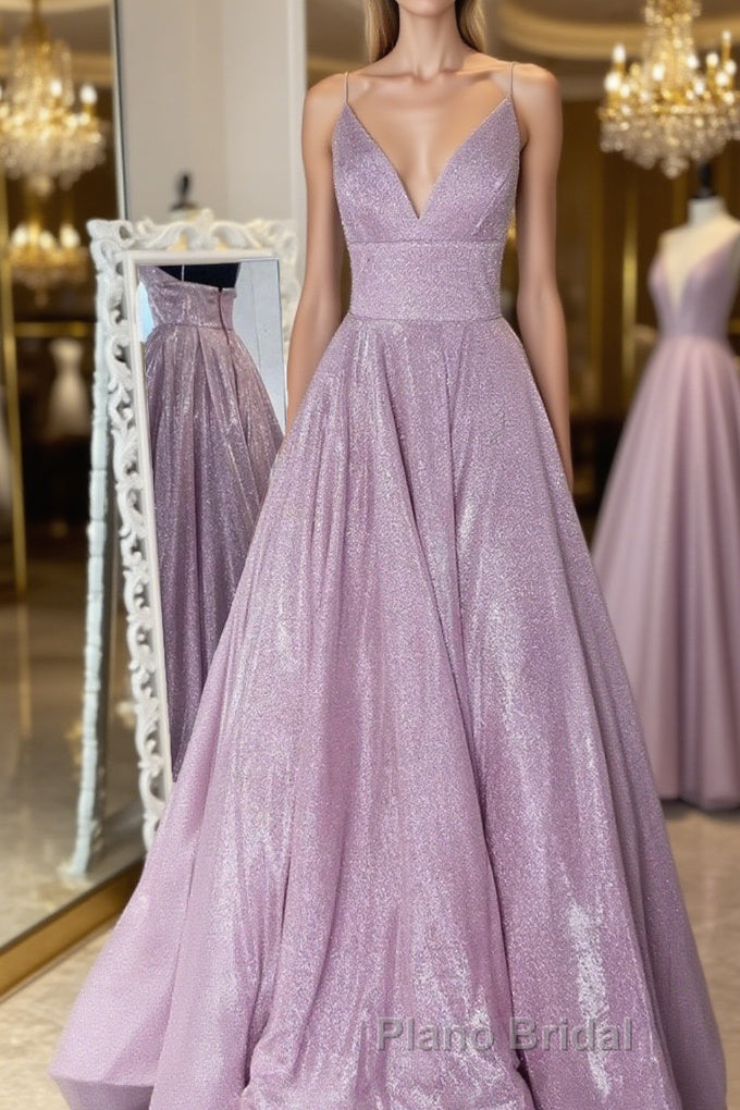 Simple v neck A-line long Formal Prom dress sequin evening dress Main image