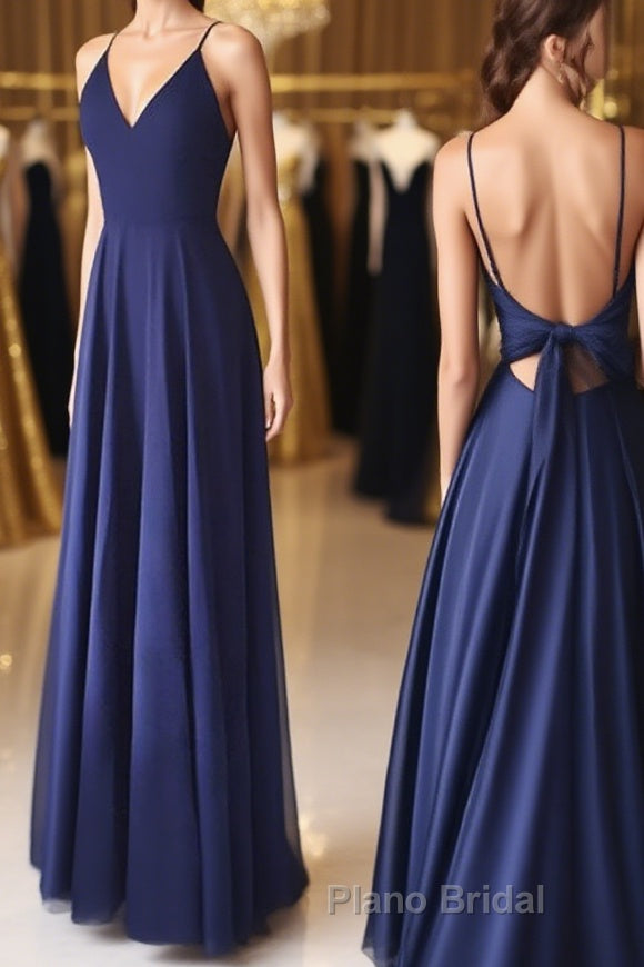 Simple V Neck Backless Blue Long Formal Prom Dresses, V Neck Blue Formal Evening Dresses, Blue Graduation Dresses Main image