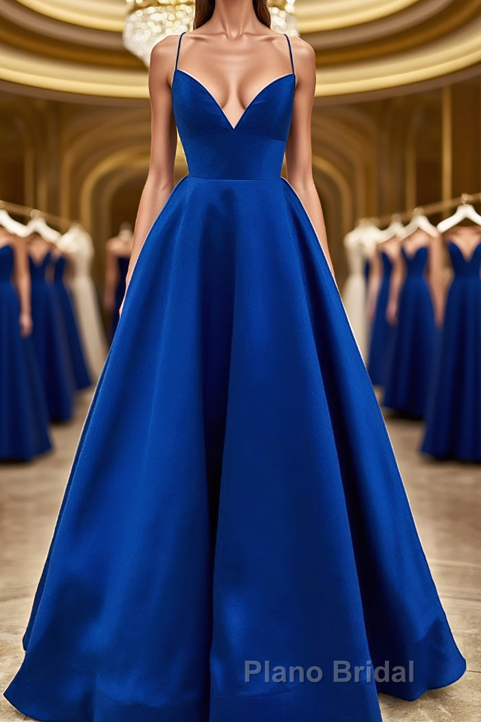 Simple V Neck Backless Royal Blue Satin Long Formal Prom Dress, Royal Blue Backless Formal Dress, Royal Blue Evening Dress, Ball Gown Main image