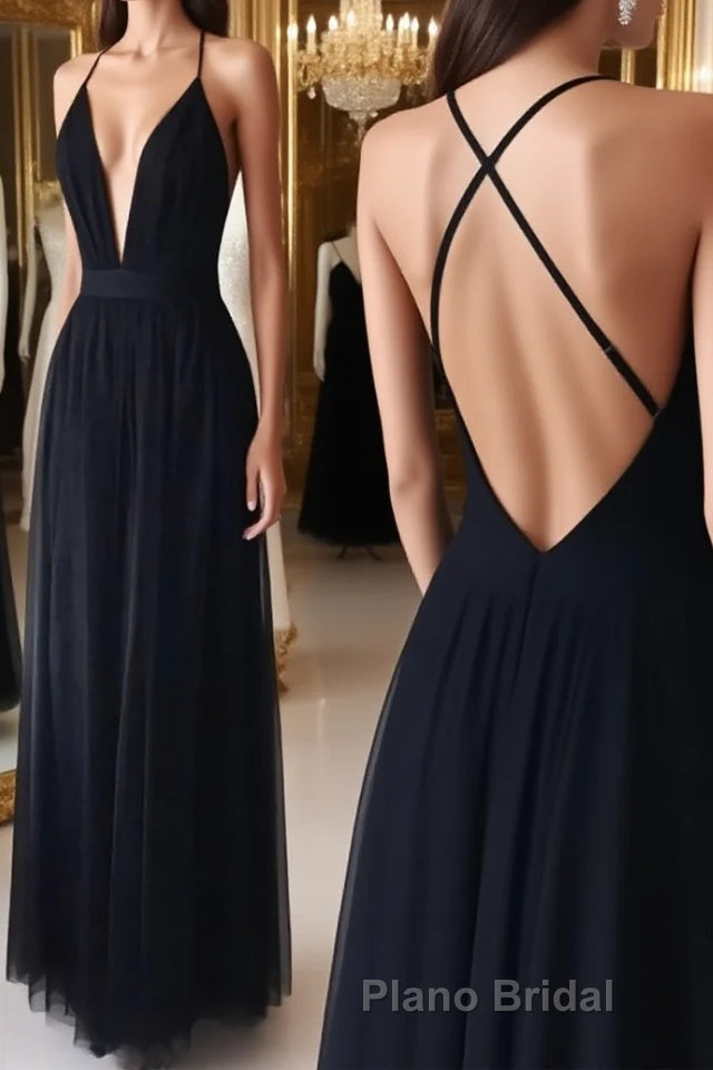 Simple v neck black tulle long Formal Prom dress, black evening dress Main image