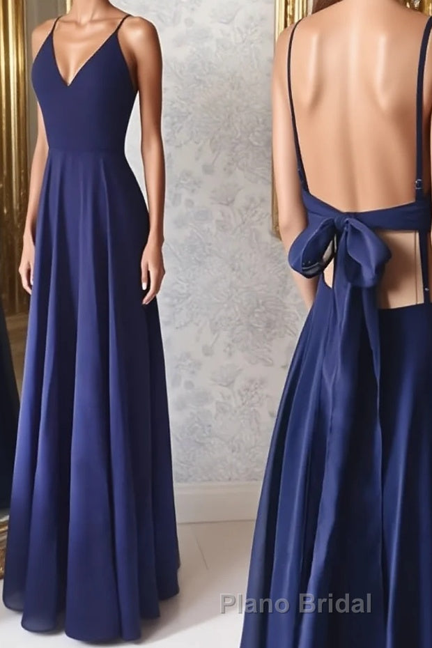 Simple v neck blue long Formal Prom dress, blue evening dress