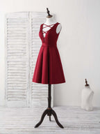 Simple V Neck Burgundy Short Prom Dress Satin Homecoming Dress