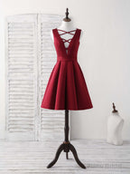 Simple V Neck Burgundy Short Prom Dress Satin Homecoming Dress