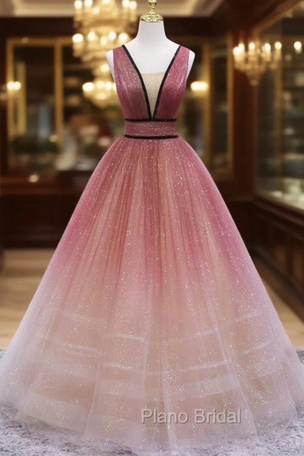 Simple V Neck Burgundy Tulle Long Formal Prom Dresses, Tulle Formal Dresses Main image