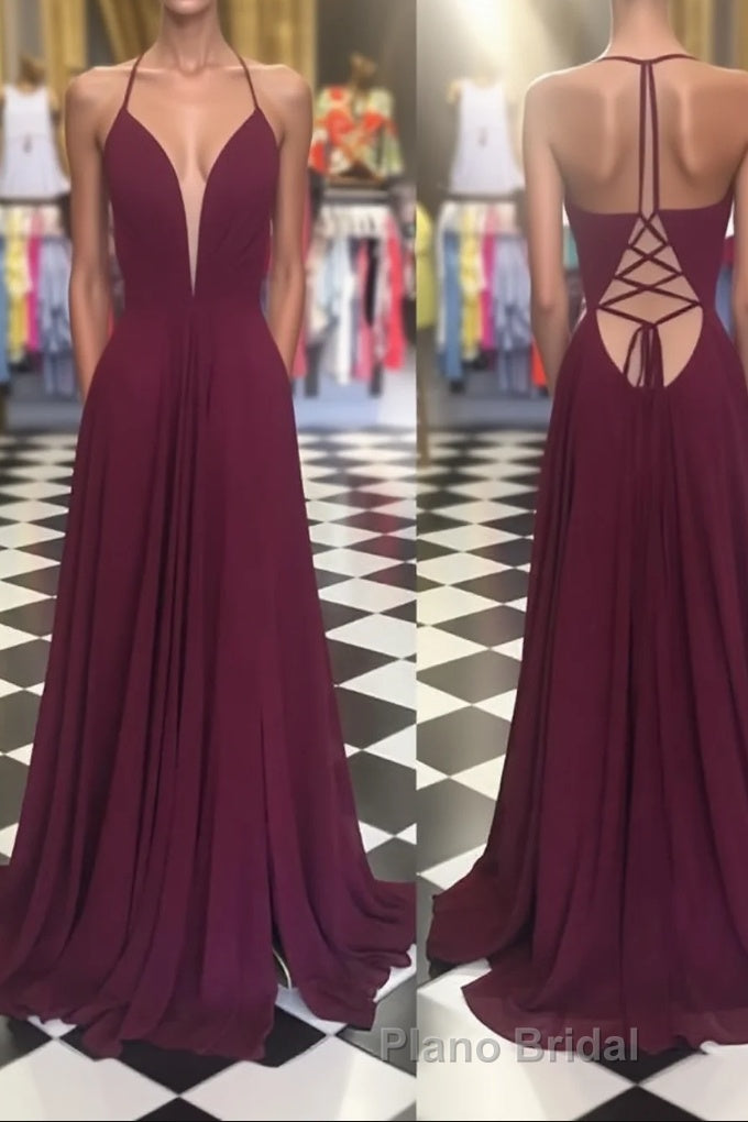 Simple v neck chiffon backless long Formal Prom dress, Burgundy evening dress Main image