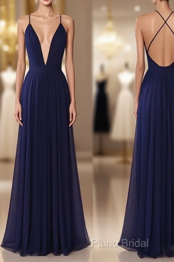 Simple V Neck Dark Blue Tulle Long Formal Prom Dresses, Formal Dresses Main image