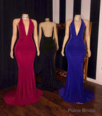 Simple V-neck Halter Brush Train Mermaid Evening Dresses