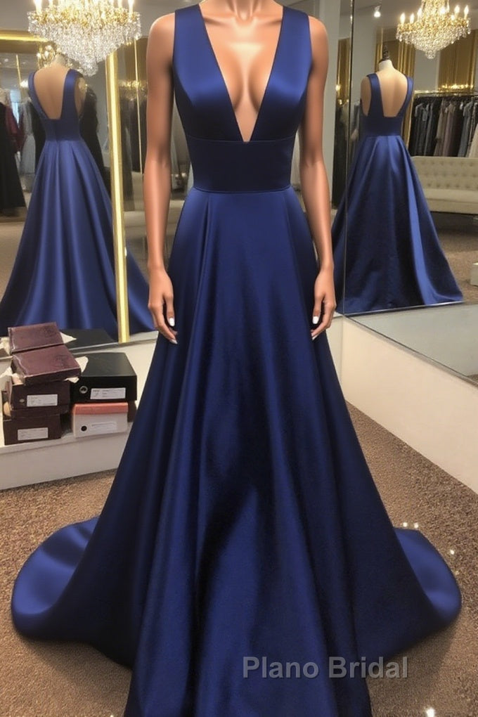 Simple V Neck Open Back Blue Long Formal Prom Dress, V Neck Blue Formal Dress, Blue Evening Dress Main image