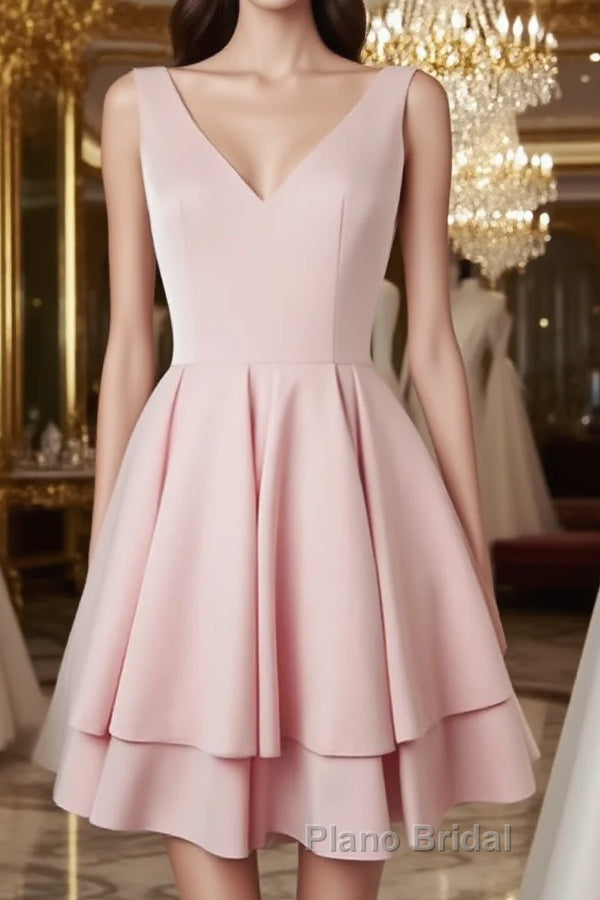 Simple v neck pink short Formal Prom dress, cute pink homecoming dress Main image