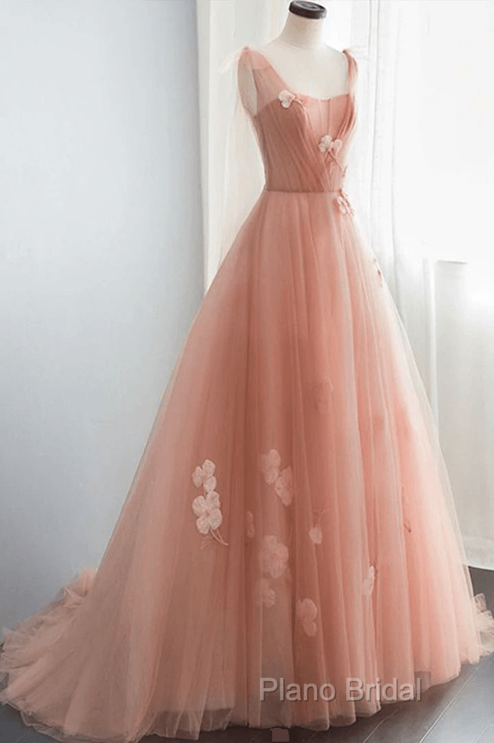 Simple V Neck Pink Tulle Long Formal Prom Dresses Pink Tulle A Line Formal Dresses Secondary image