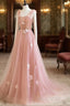 Simple V Neck Pink Tulle Long Formal Prom Dresses Pink Tulle A Line Formal Dresses