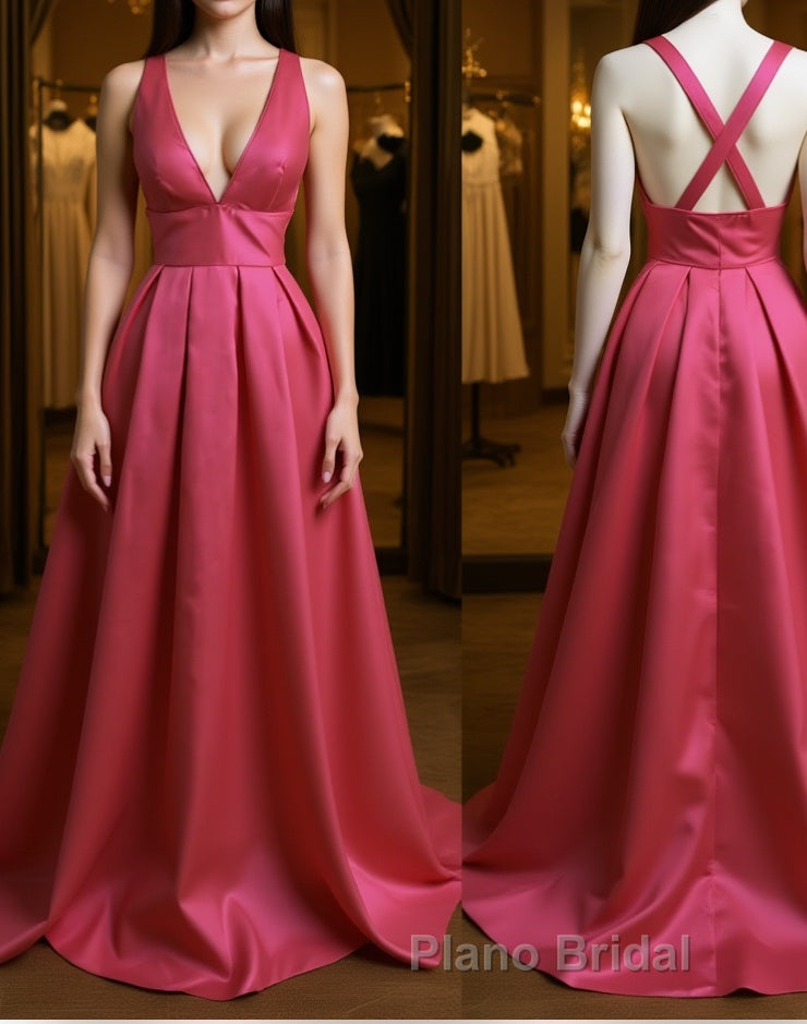 Simple V Neck Pleated Satin Long Formal Prom Dresses, V Neck Evening Dresses, Formal Dresses, Graduation Dresses Main image