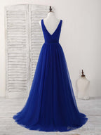 Simple V Neck Royal Blue Tulle Long Prom Dress Blue Evening Dress