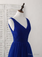 Simple V Neck Royal Blue Tulle Long Prom Dress Blue Evening Dress