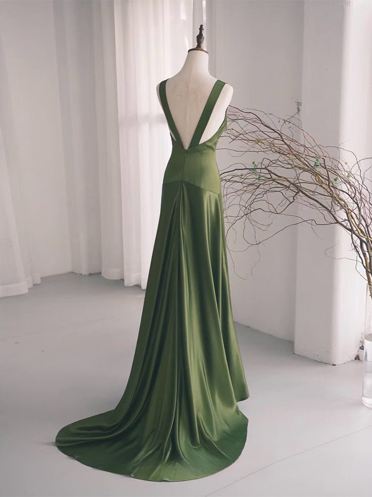 Simple V Neck Satin Green Long Formal Prom Dresses, Green Long Formal Dresses